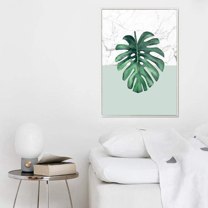 LaLe Living Bild Leinwanddruck mit Monstera Deliciosa Pflanzen Motiv auf Marmor in A3 / A4 Limitierter Zeitrabatt