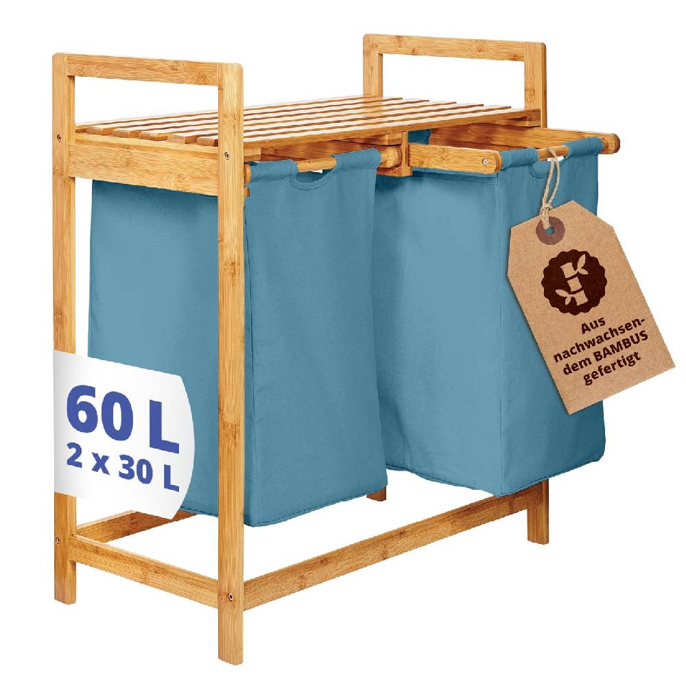 LUMALAND Bambus Wäschekorb mit 2 ausziehbaren Wäschesacken - 73 x 64 x 33 cm - Blau Rabatte dieses Monats