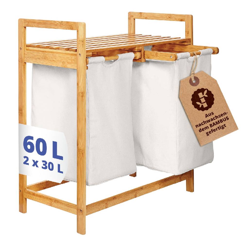 LUMALAND Bambus Wäschekorb mit 2 ausziehbaren Wäschesacken - 73 x 64 x 33 cm - Weiß