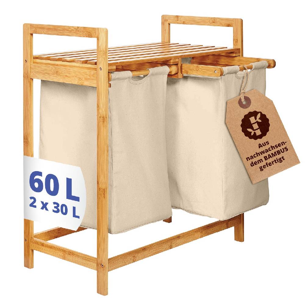 LUMALAND Bambus Wäschekorb mit 2 ausziehbaren Wäschesacken - 73 x 64 x 33 cm - Beige