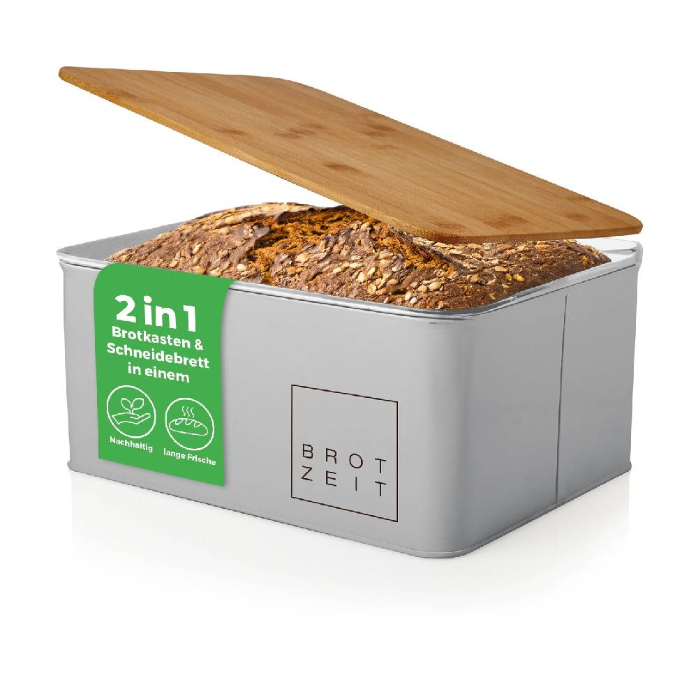 LUMALAND Cuisine Brotkasten aus Metall mit Bambus Deckel - Rechteckig 30,5 x 23,5 x 14 cm - Hellgrau