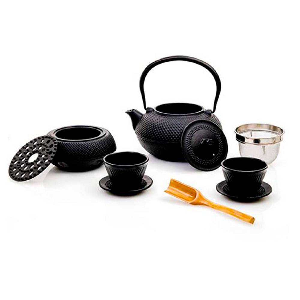 LUMALAND Tee-Set 8-teilig - 1,4 Liter Gusseiserne Teekanne Tetsubin - Stövchen aus Gusseisen - 2 Teebecher & 2 Untersetzer - Schwarz Letzter Tag
