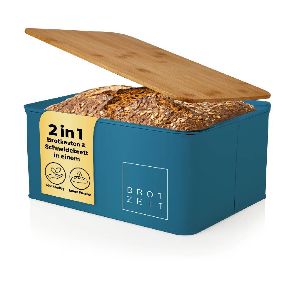 LUMALAND Cuisine Brotkasten aus Metall mit Bambus Deckel - Rechteckig 30,5 x 23,5 x 14 cm - Blau Zeitbegrenzte Promotion