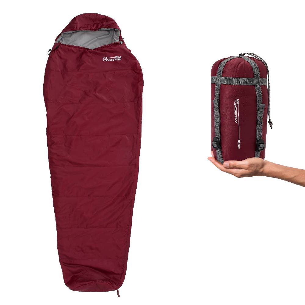 Where Tomorrow Camping Schlafsack Small & Light - Mumienschlafsack mit Tasche - 220 x 80 x 50 cm - Rot Letzte 3 Tage