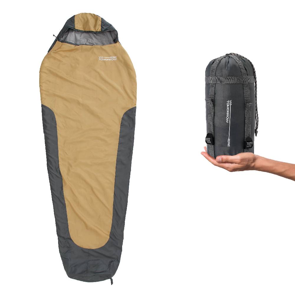Where Tomorrow Camping Schlafsack Small & Light - Mumienschlafsack mit Tasche - 220 x 80 x 50 cm - Curry-Grau Sonderangebote