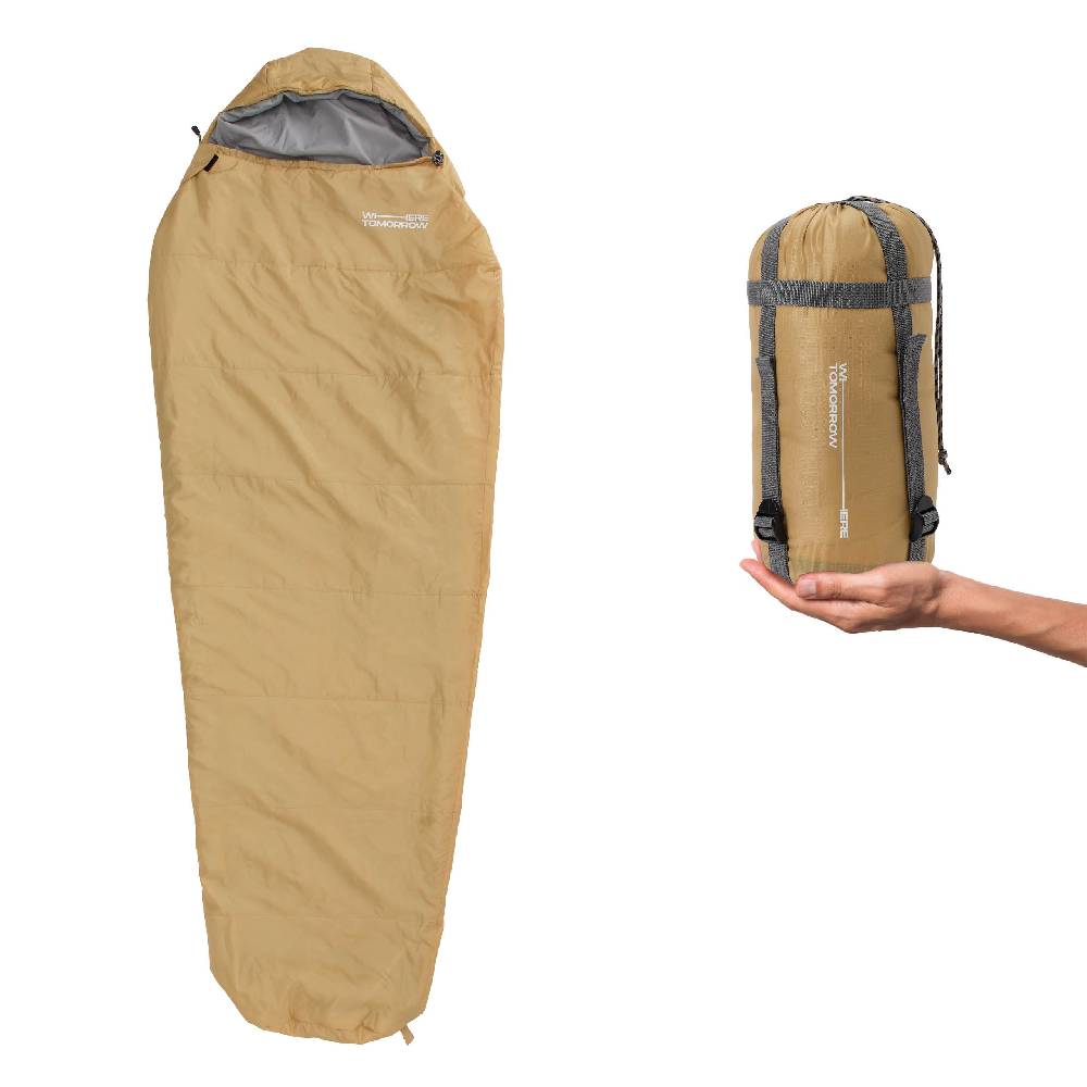 Where Tomorrow Camping Schlafsack Small & Light - Mumienschlafsack mit Tasche - 220 x 80 x 50 cm - Curry Letzter Tag