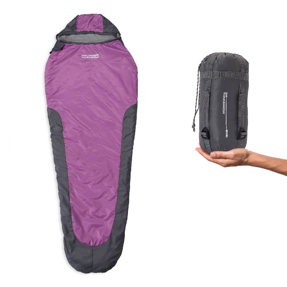 Where Tomorrow Camping Schlafsack Small & Light - Mumienschlafsack mit Tasche - 220 x 80 x 50 cm - Grau-Lila Clearance-Verkauf