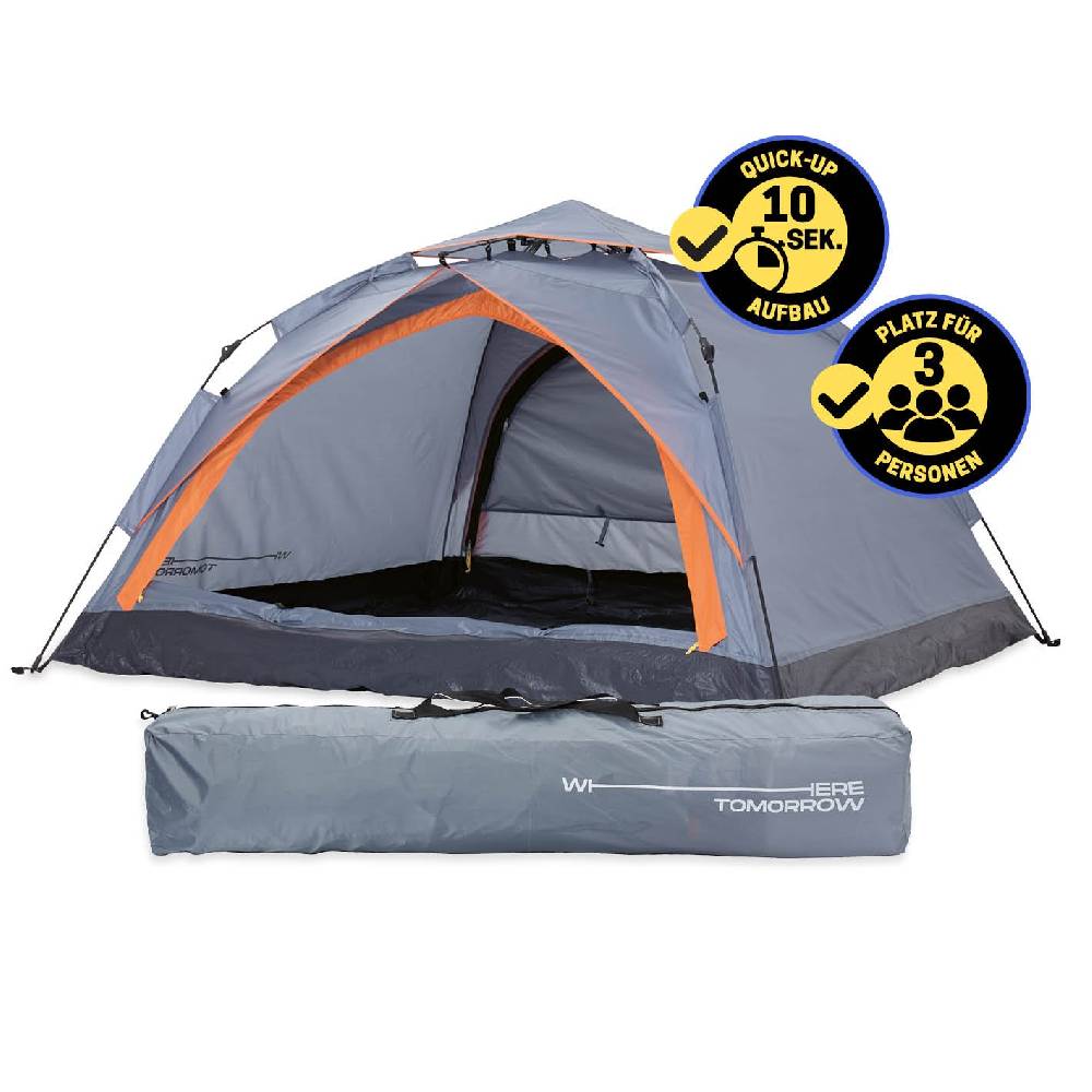 Where Tomorrow Pop Up Zelt - 3-Personen-Zelt mit Doppeltür- Wurfzelt Trekkingzelt - 210x190x110 cm - Grau Black Friday