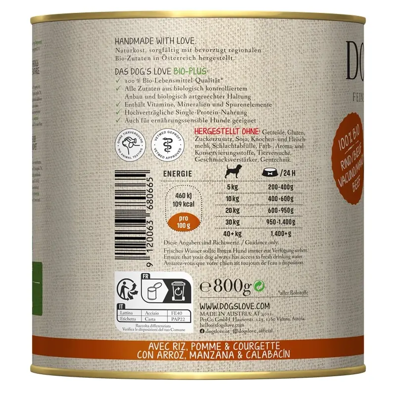 fressnapf DOG'S LOVE BIO 6x800g Rind mit Reis Apfel & Zucchini Preisnachlass