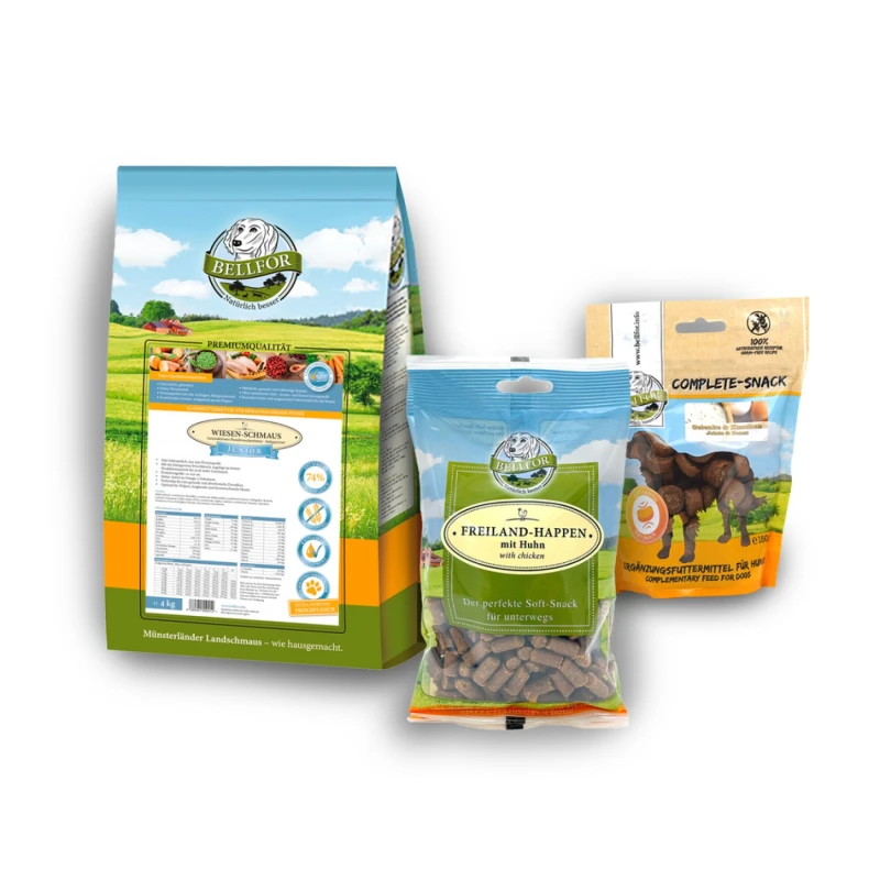 fressnapf Bellfor Welpenfutter Set für große Rassen - Wiesen-Schmaus Junior 4 kg + Freiland-Happen 200g + Gelenke & Knochen Complete-Snack 150g