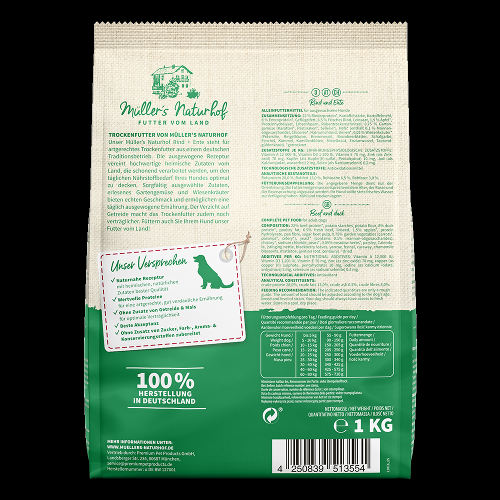 petspremium Müller’s Naturhof Rind und Ente Klassik Trockenfutter 29 kg Letzte 3 Tage