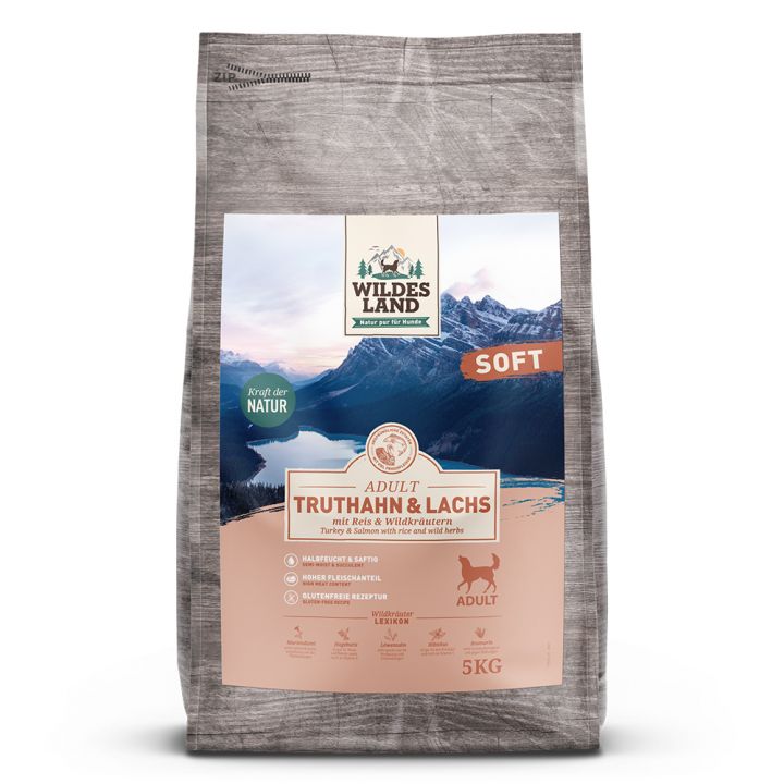 petspremium Wildes Land Truthahn und Lachs mit Reis und Wildkräutern Soft Adult Trockenfutter 3 x 5 kg Lagerräumung