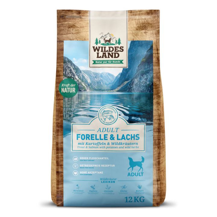 petspremium Wildes Land Forelle und Lachs mit Kartoffeln und Wildkräutern Classic Adult Trockenfutter 2 x 12 kg Auslauf