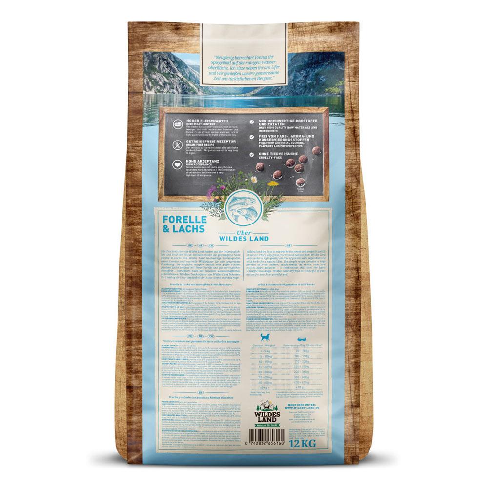 petspremium Wildes Land Forelle und Lachs mit Kartoffeln und Wildkräutern Classic Adult Trockenfutter 2 x 12 kg Auslauf