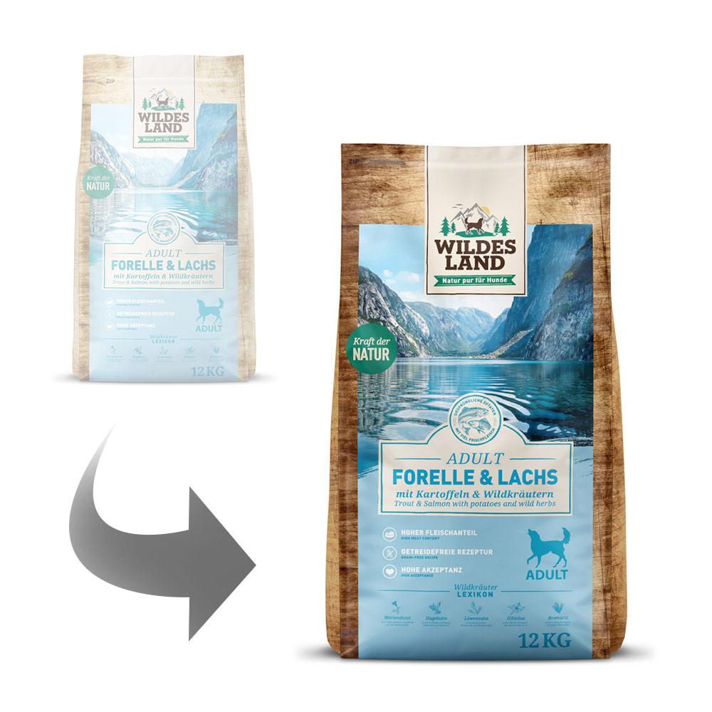 petspremium Wildes Land Forelle und Lachs mit Kartoffeln und Wildkräutern Classic Adult Trockenfutter 2 x 12 kg Auslauf