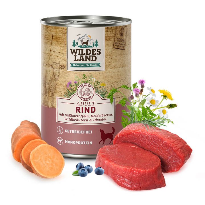 petspremium Wildes Land Rind mit Süßkartoffeln Heidelbeeren Wildkräutern und Distelöl Classic Adult Nassfutter 6 x 400 g Verkauf