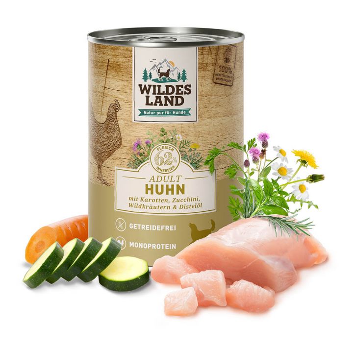 petspremium Wildes Land Huhn mit Karotten Zucchini Wildkräutern und Distelöl Classic Adult Nassfutter 6 x 400 g