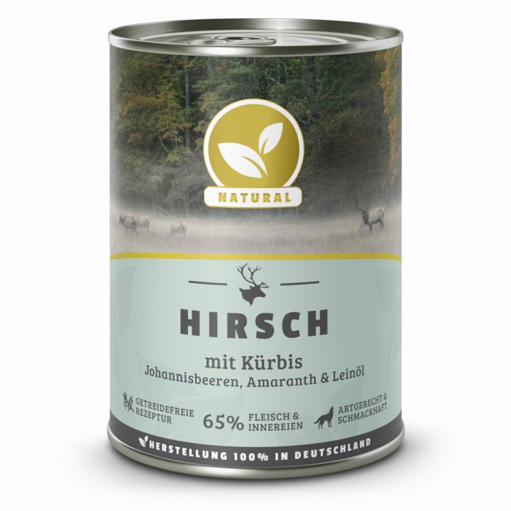 petspremium Natural Hirsch mit Kürbis Johannisbeeren Amaranth und Leinöl Nassfutter 12 x 400 g Große Rabatte