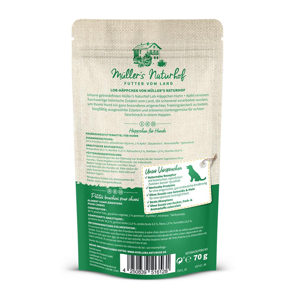 petspremium Müller’s Naturhof Huhn und Apfel Lob-Häppchen Snack 70 g JETZT KAUFEN
