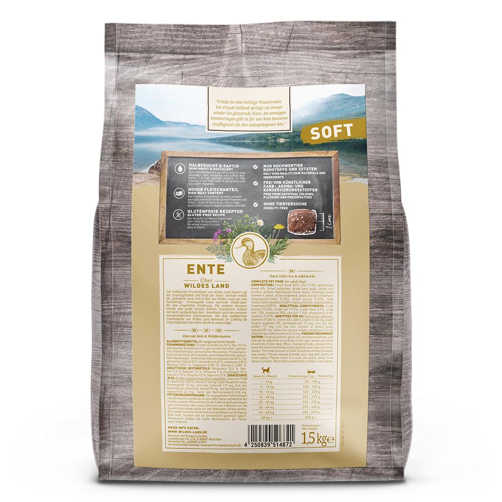 petspremium Wildes Land Ente mit Reis und Wildkräutern Soft Adult Trockenfutter 1 5 kg Auslauf