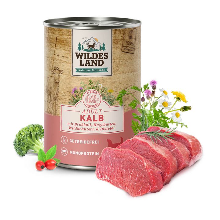 petspremium Wildes Land Kalb mit Brokkoli Hagebutte Wildkräutern und Distelöl Classic Adult Nassfutter 6 x 400 g Sonderangebot