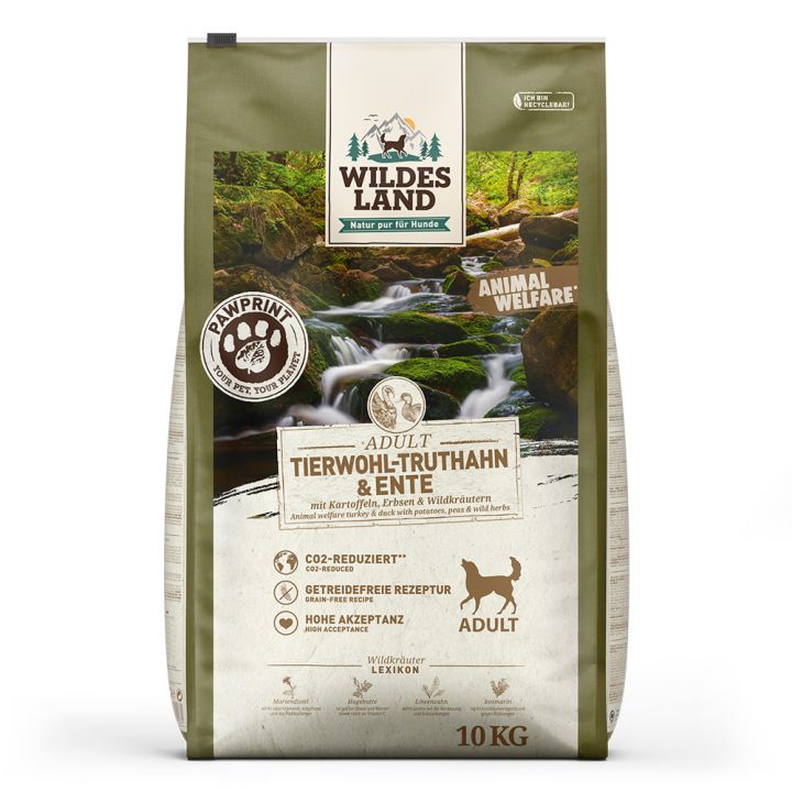petspremium Wildes Land PAWPRINT ANIMAL-WELFARE Tierwohl-Truthahn & Ente mit Kartoffeln Erbsen & Wildkräutern Adult Trockenfutter 10 kg Weihnachtsangebot