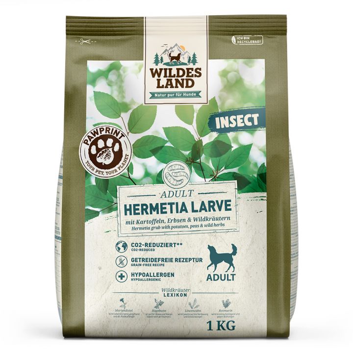 petspremium Wildes Land PAWPRINT INSECT Hermetia Larve mit Kartoffeln Erbsen und Wildkräutern Adult Trockenfutter 1 kg Blitzverkäufe