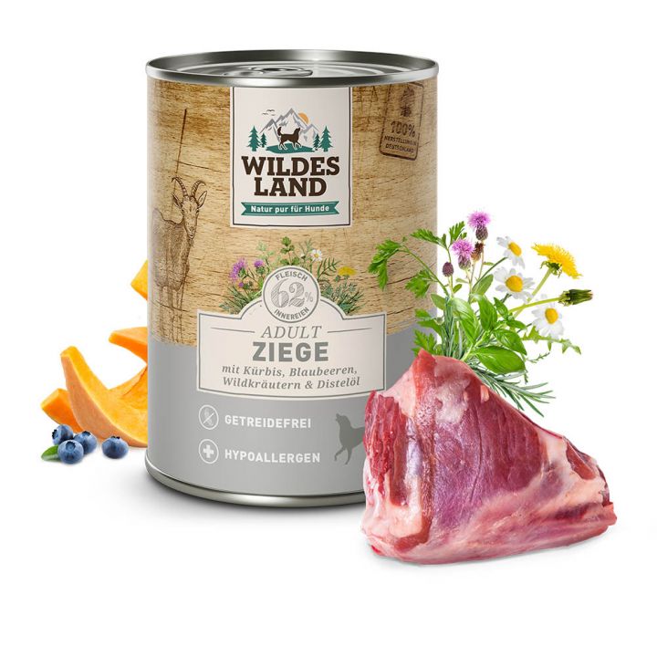 petspremium Wildes Land Ziege mit Kürbis Blaubeeren Wildkräutern und Distelöl Classic Adult Nassfutter 6 x 400 g Heißer Verkauf