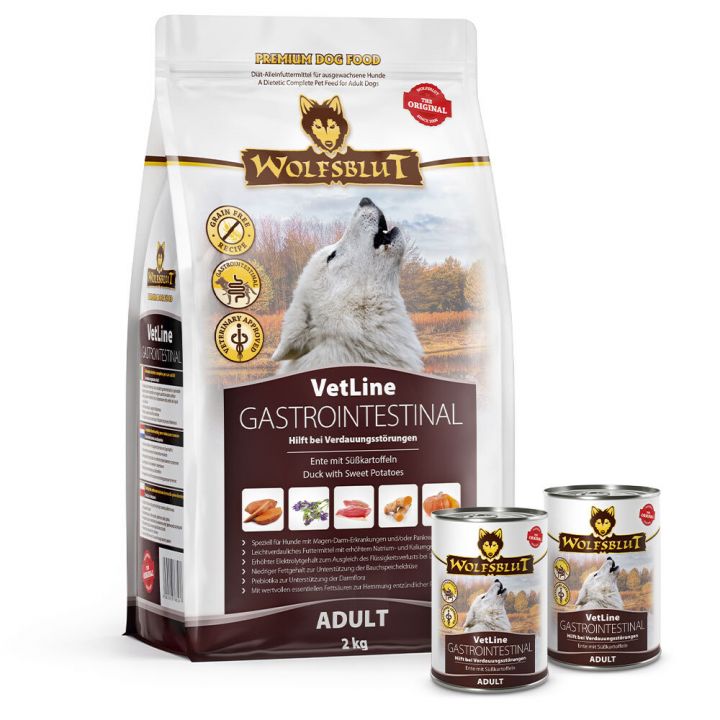 petspremium Wolfsblut Aktionspaket: VetLine GASTROINTESTINAL Trockenfutter Nassfutter 1 Paket Begrenzte Freigabe