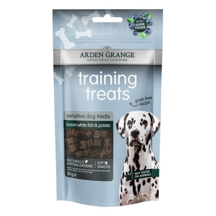 petspremium Arden Grange Grain Free - Frischer Meeresweißfisch & Kartoffel Training Treats Snack 10 x 80 g