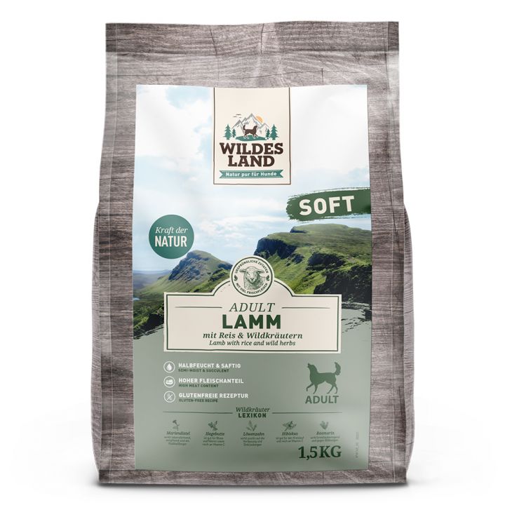 petspremium Wildes Land Lamm mit Reis und Wildkräutern Soft Adult Trockenfutter 1 5 kg