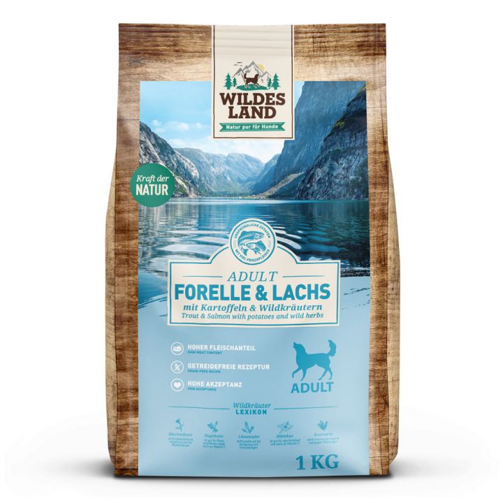 petspremium Wildes Land Forelle und Lachs mit Kartoffeln und Wildkräutern Classic Adult Trockenfutter 1 kg Vierteljährliche Förderung