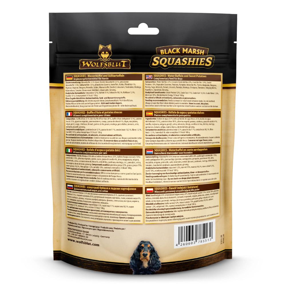 petspremium Wolfsblut Black Marsh - Wasserbüffel und Süßkartoffel Squashies Snack 6 x 300 g Zeitlich begrenztes Angebot