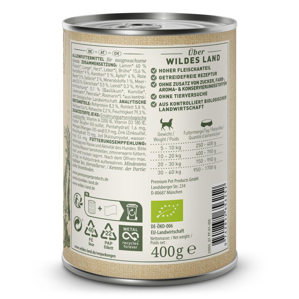 petspremium Wildes Land Lamm mit Kartoffeln Karotten Äpfeln BIO Adult Nassfutter 6 x 400 g Im Verkauf