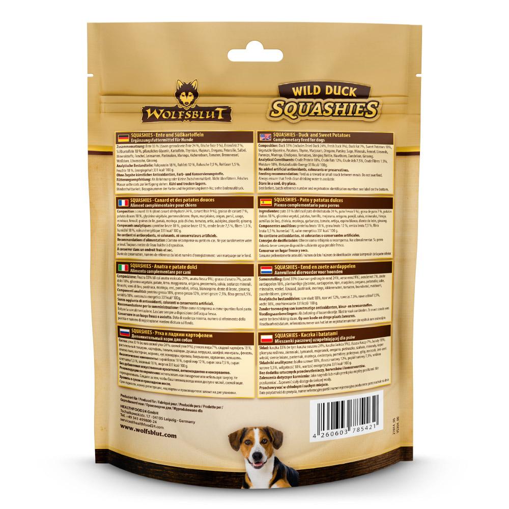 petspremium Wolfsblut Wild Duck - Ente und Süßkartoffel Squashies Snack 300 g Heißer Verkauf