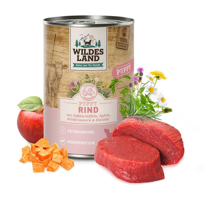 petspremium Wildes Land Rind mit Süßkartoffel Apfel und Wildkräutern Classic Puppy Nassfutter 6 x 400 g