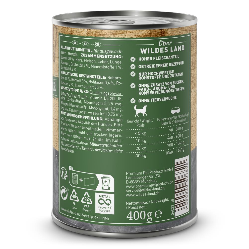 petspremium Wildes Land Lamm mit Distelöl 6 x 400 g Letzte 3 Tage