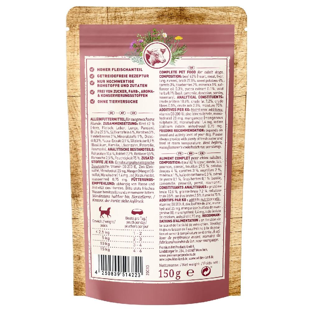 petspremium Wildes Land Rind mit Süßkartoffeln Heidelbeeren Wildkräutern und Distelöl Classic Adult Nassfutter 8 x 150 g Kostenloser Versand international