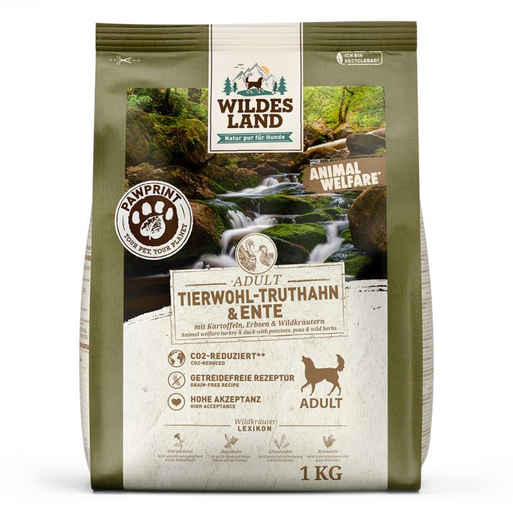 petspremium Wildes Land PAWPRINT ANIMAL-WELFARE Tierwohl-Truthahn & Ente mit Kartoffeln Erbsen & Wildkräutern Adult Trockenfutter 1 kg Blitzverkäufe