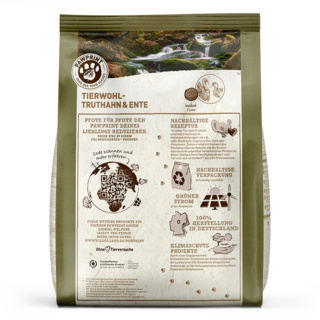 petspremium Wildes Land PAWPRINT ANIMAL-WELFARE Tierwohl-Truthahn & Ente mit Kartoffeln Erbsen & Wildkräutern Adult Trockenfutter 1 kg Blitzverkäufe