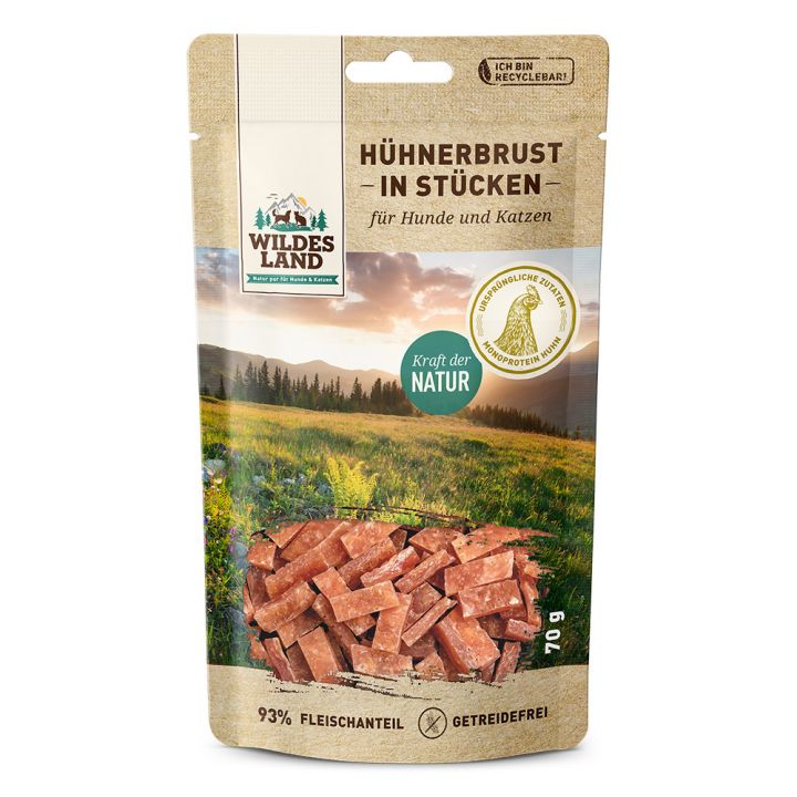 petspremium Wildes Land Hühnerbrust in Stücken Fleischsnacks Snack 70 g