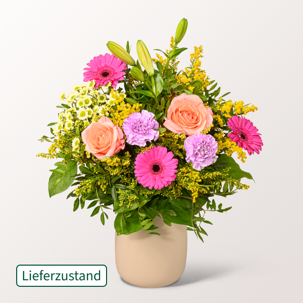 floraprima Blumenstrauß Beste Wünsche mit Vase & Ferrero Giotto 3er Saisonschlussverkauf