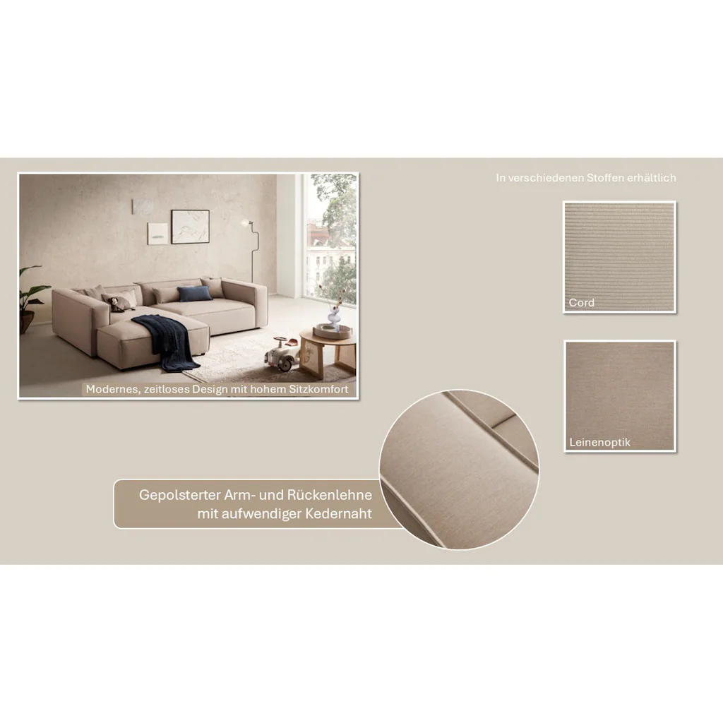 LeGer Home by Lena Gercke Ecksofa »PIARA XXL Big-Sofa in Cord oder Leinenoptik L-Form mit Kedernaht« wahlweise Ottomane rechts/links schwarze Füße extra tiefe Sitzfläche kaufen Fabrikverkauf