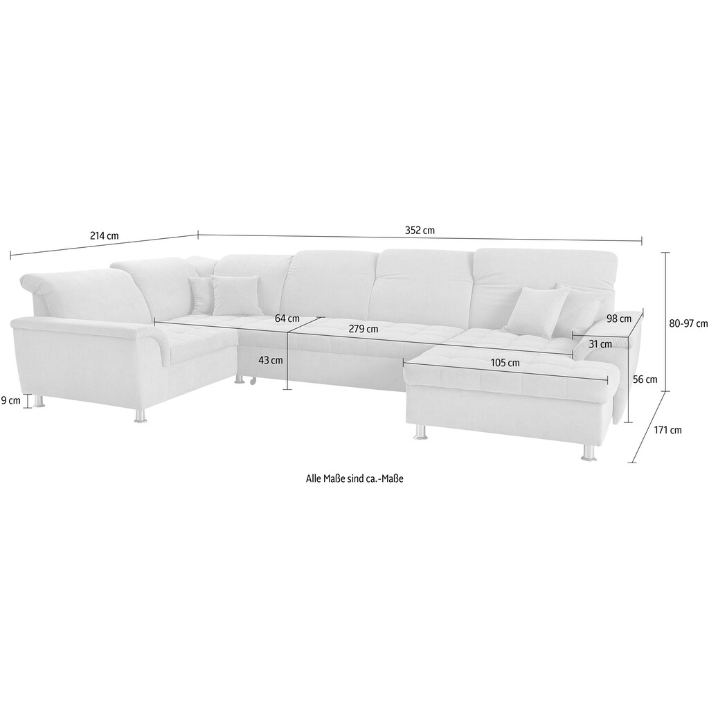 DOMO collection Wohnlandschaft »Franzi wahlweise mit Kopfteilverstellung Bettfunktion Bettkasten« im XXL-Format B/T/H: 352/214/80 cm Steppung im Sitz U-Form kaufen Günstig kaufen