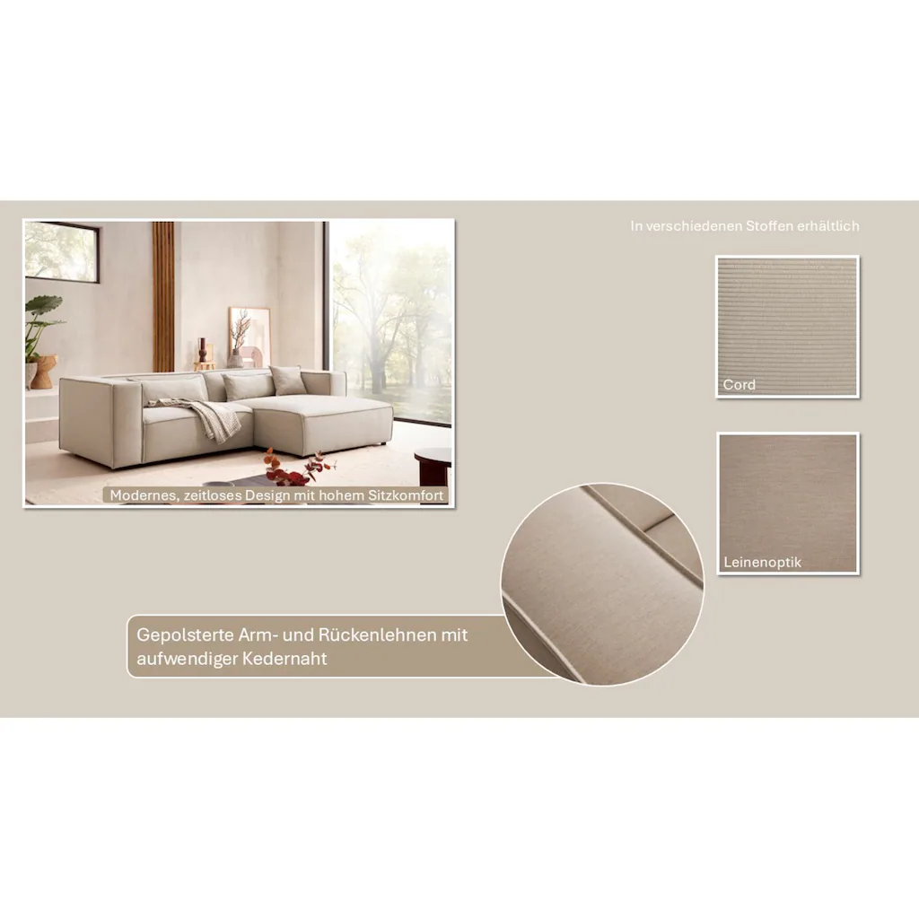 LeGer Home by Lena Gercke Ecksofa »PIARA mit Kedernaht in Cord oder Leinenoptik moderne Couch in L-Form« wahlweise Ottomane rechts/links schwarze Füße bequemer Sitzkomfort kaufen Exklusive Angebote