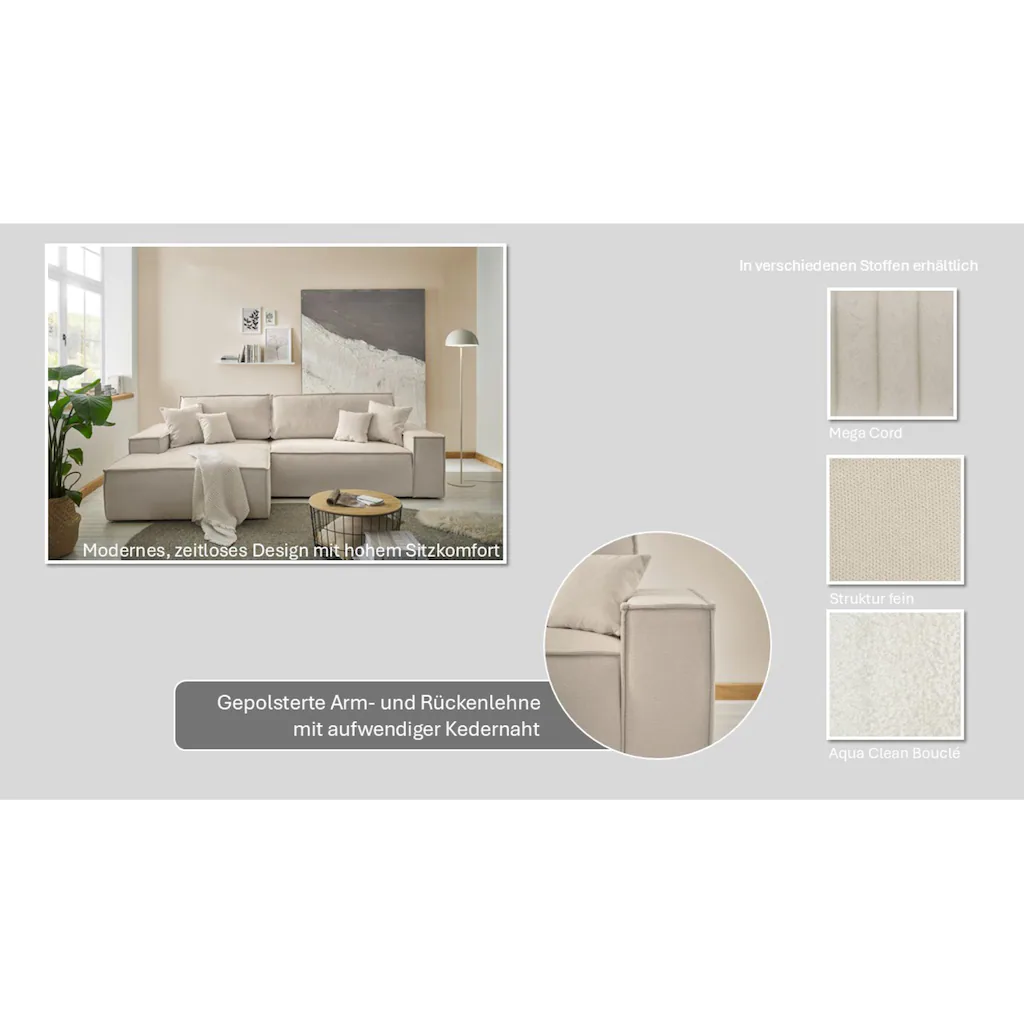 andas Ecksofa »Finnley Schlafsofa 267 cm in Bouclé u. Struktur fein L-Form « Schlaffunktion m. Bettkasten (136/210 cm) Bouclé Struktur kaufen Wochenangebot