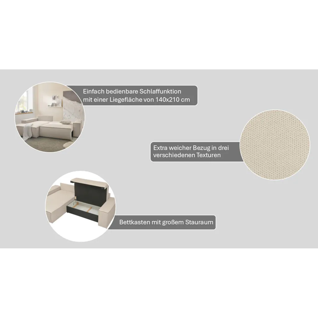 andas Ecksofa »Finnley Schlafsofa 267 cm in Bouclé u. Struktur fein L-Form « Schlaffunktion m. Bettkasten (136/210 cm) Bouclé Struktur kaufen Wochenangebot
