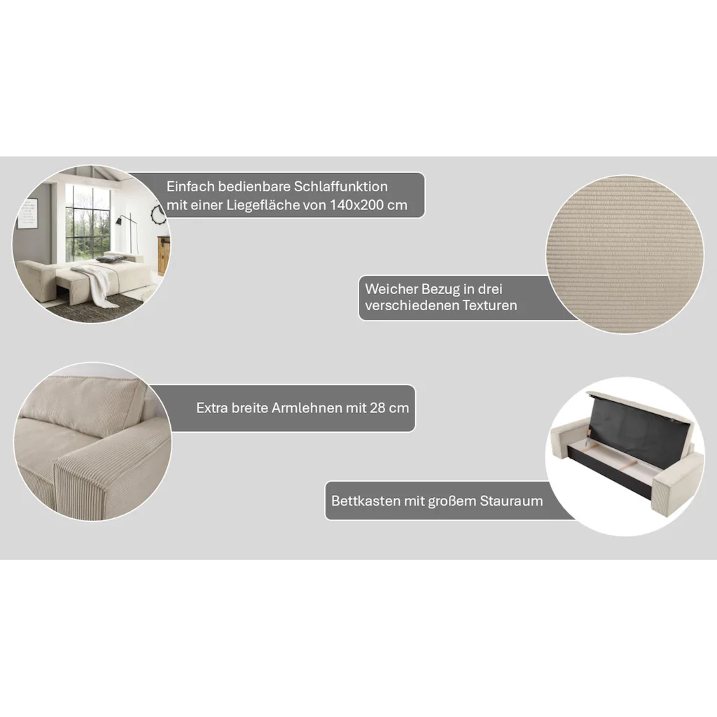 Home affaire 3-Sitzer »SHERWOOD Schlafsofa (257cm) Cord Samtvelours Vintage-Lederoptik« Schlaffunktion mit Bettkasten (ca. 136/200cm) kaufen Begrenzte Freigabe