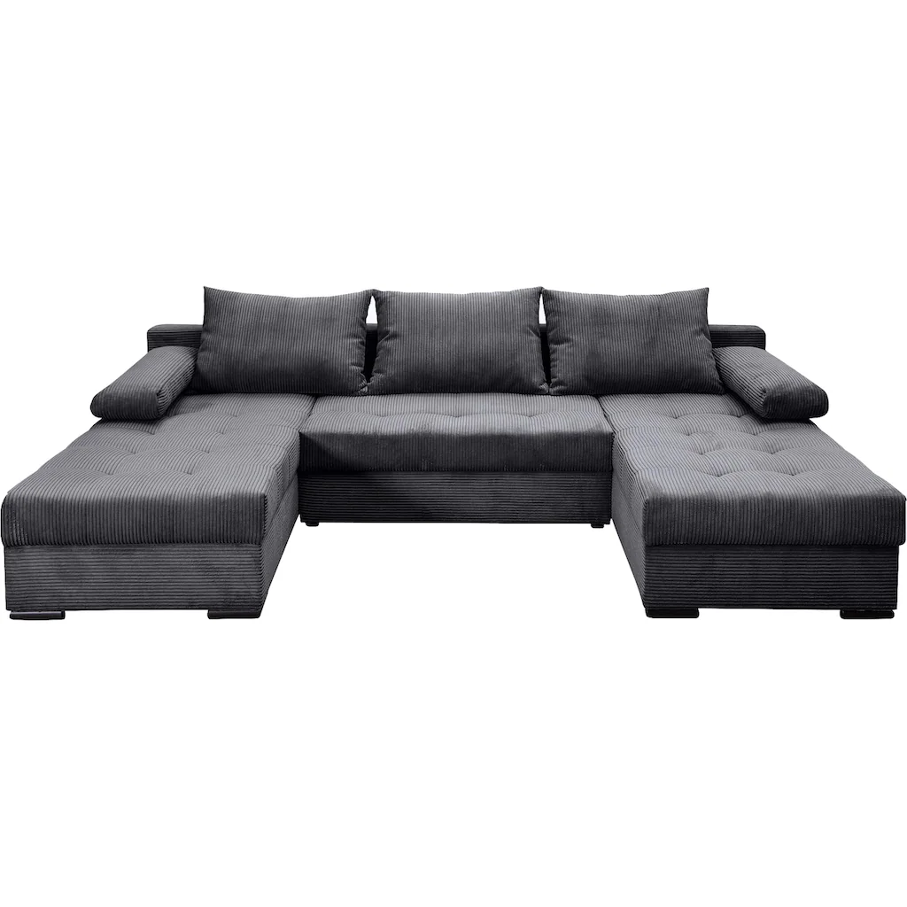 COLLECTION AB Wohnlandschaft »Josy U-Form Breite 269 cm Flachgewebe Struktur Kunstleder« (Cord-/Mix) inkl. Bettfunktion Bettkasten mit 3 gleich großen Rückenkissen Bis zu 50% Rabatt