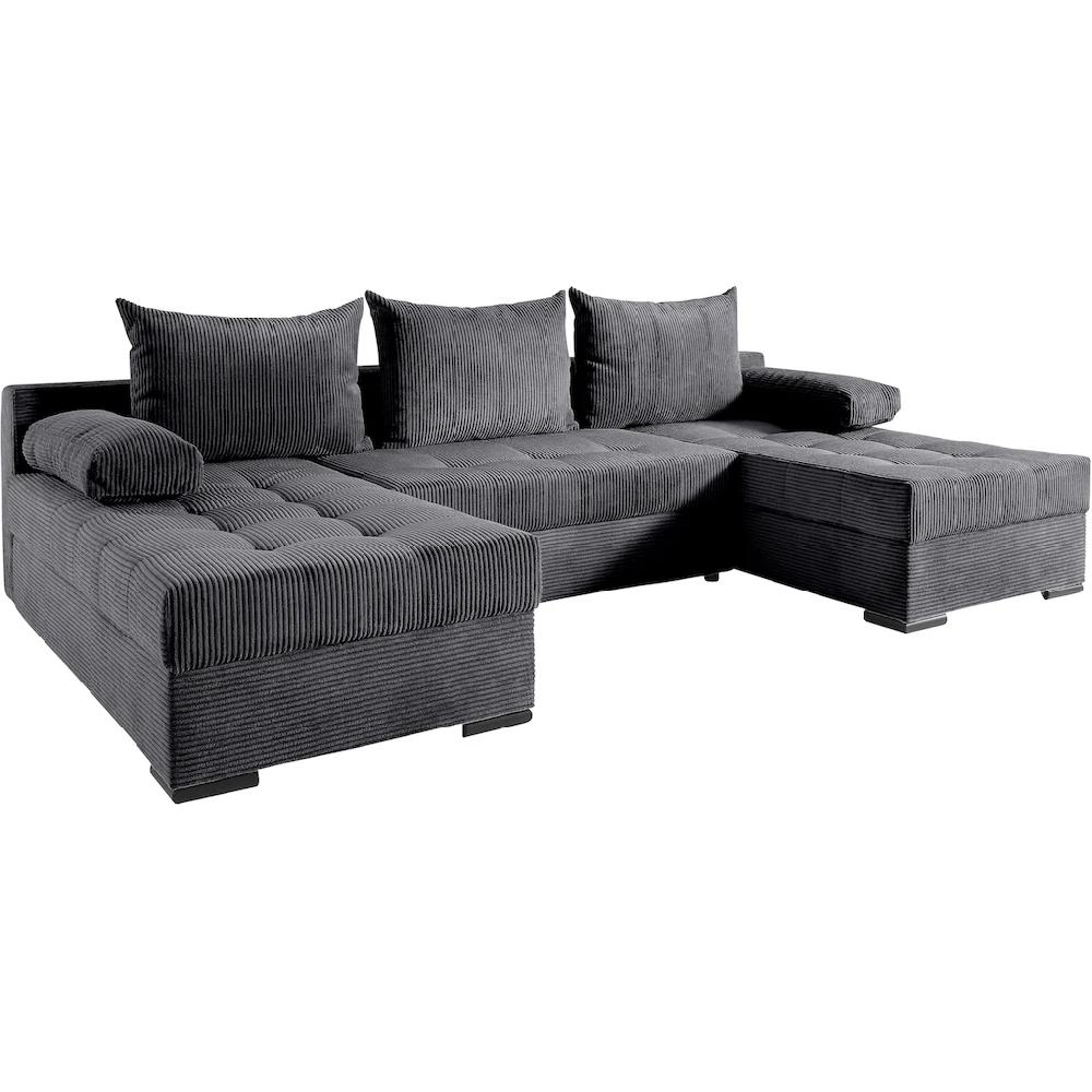 COLLECTION AB Wohnlandschaft »Josy U-Form Breite 269 cm Flachgewebe Struktur Kunstleder« (Cord-/Mix) inkl. Bettfunktion Bettkasten mit 3 gleich großen Rückenkissen Bis zu 50% Rabatt